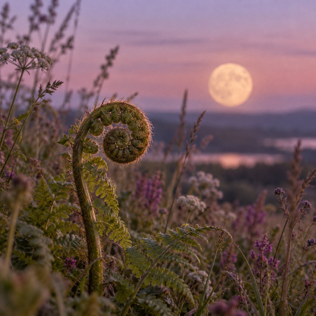 Un helecho joven abriéndose en espiral bajo la luna llena