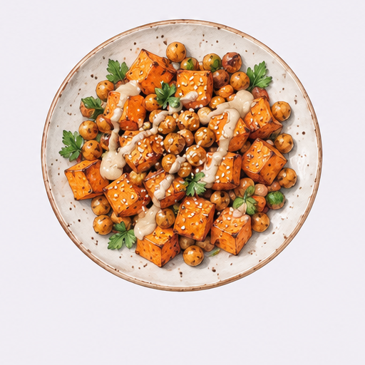 Boniato asado con garbanzos y tahini